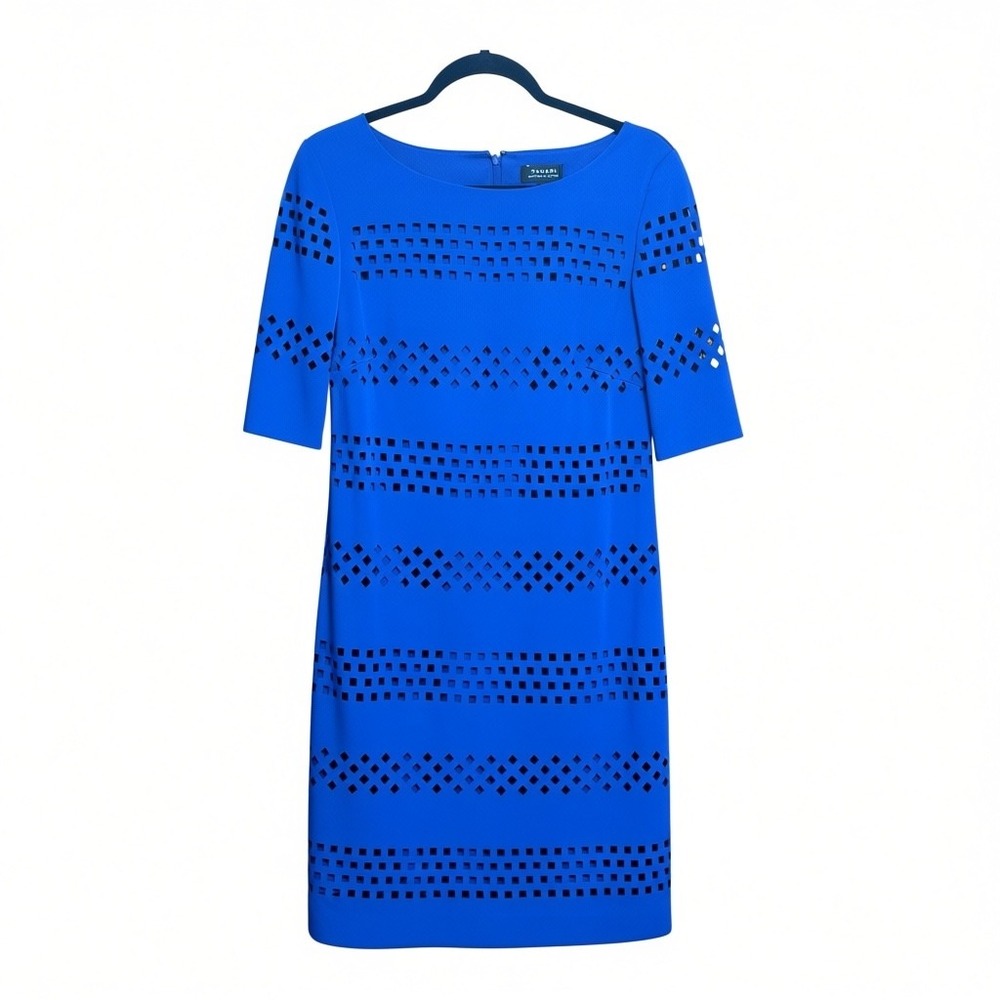 Tahari Arthur S. Levine Blue Sheath Dress Size 8 Laser Cut Career EUC
